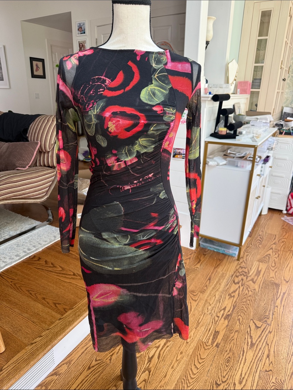 Jean Paul Gaultier Black Sheer Long-Sleeve Dress with Red and Green Floral Print